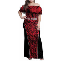Custom Basketball New Zealand Family Matching Off Shoulder Maxi Dress and Hawaiian Shirt Red Maori Ta Moko Indigenous LT9 Mom's Dress Red - Polynesian Pride