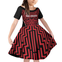 Custom Basketball New Zealand Family Matching Off Shoulder Short Dress and Hawaiian Shirt Red Maori Ta Moko Indigenous LT9 Daughter's Dress Red - Polynesian Pride