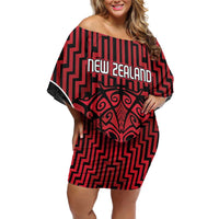 Custom Basketball New Zealand Family Matching Off Shoulder Short Dress and Hawaiian Shirt Red Maori Ta Moko Indigenous LT9 Mom's Dress Red - Polynesian Pride