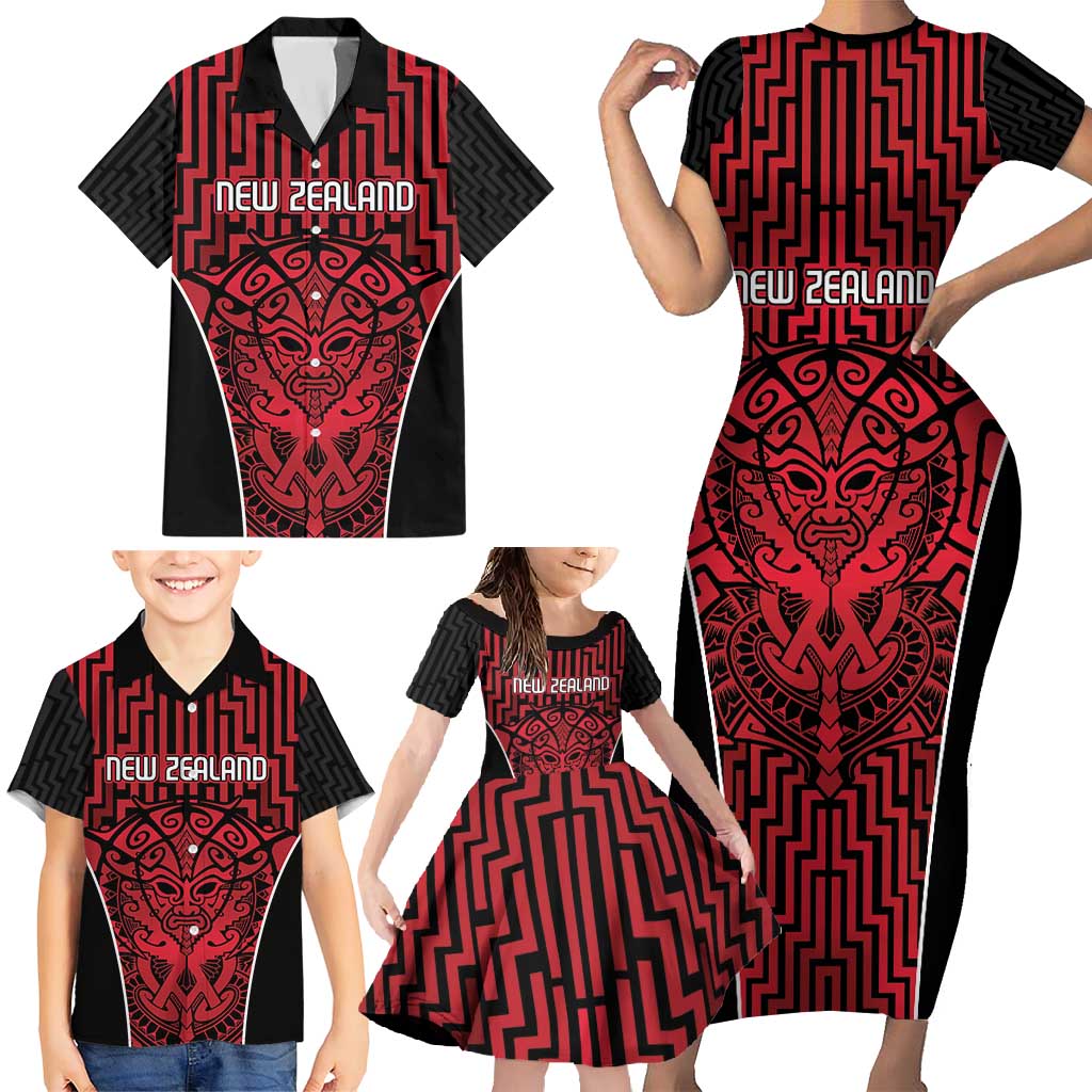 Custom Basketball New Zealand Family Matching Short Sleeve Bodycon Dress and Hawaiian Shirt Red Maori Ta Moko Indigenous LT9 - Polynesian Pride
