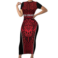 Custom Basketball New Zealand Family Matching Short Sleeve Bodycon Dress and Hawaiian Shirt Red Maori Ta Moko Indigenous LT9 Mom's Dress Red - Polynesian Pride