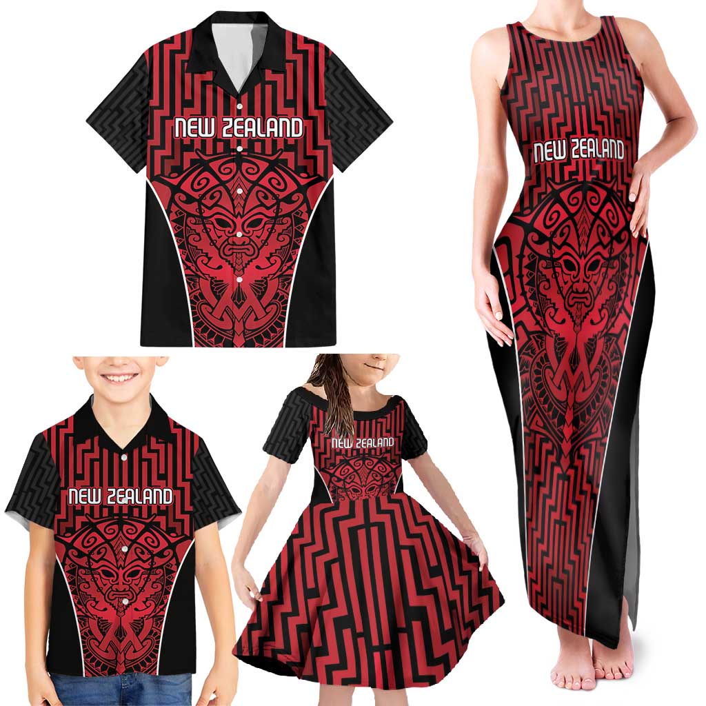 Custom Basketball New Zealand Family Matching Tank Maxi Dress and Hawaiian Shirt Red Maori Ta Moko Indigenous - Polynesian Pride