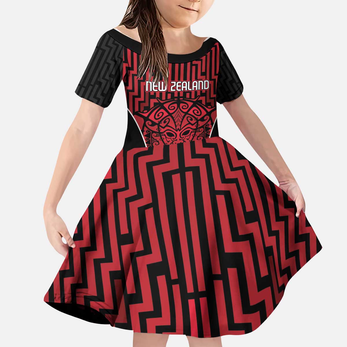 Custom Basketball New Zealand Kid Short Sleeve Dress Red Maori Ta Moko Indigenous LT9 KID Red - Polynesian Pride