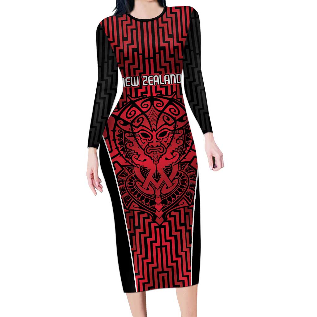 Custom Basketball New Zealand Long Sleeve Bodycon Dress Red Maori Ta Moko Indigenous LT9 Long Dress Red - Polynesian Pride