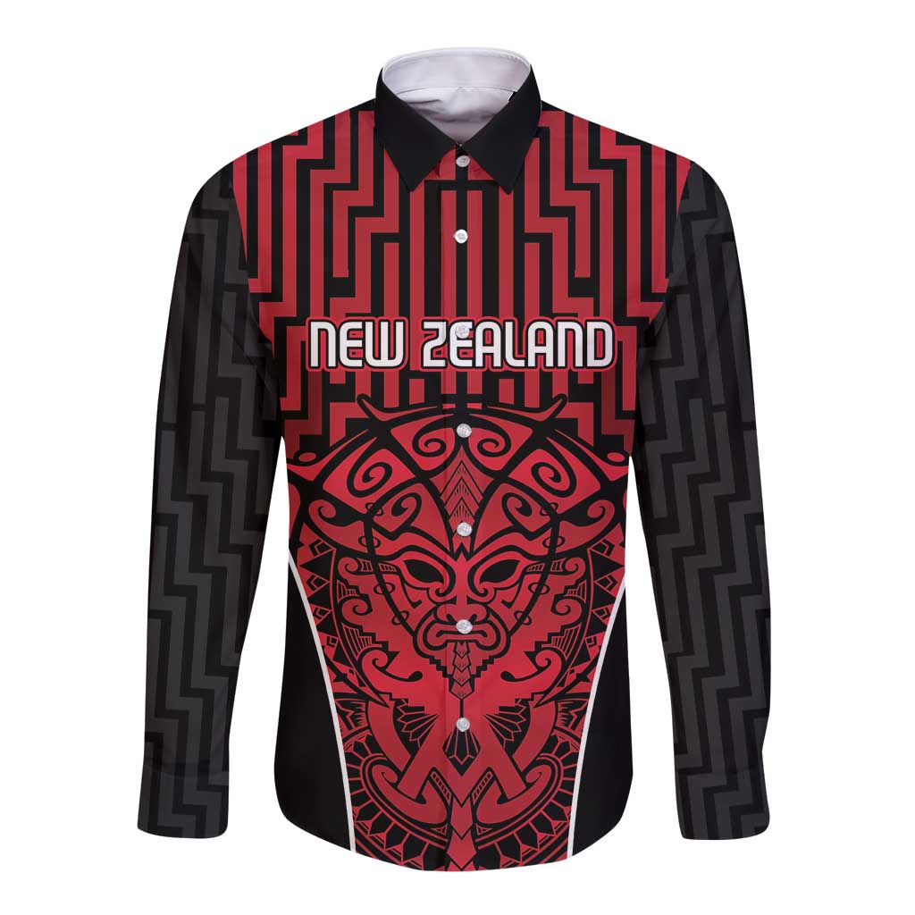 Custom Basketball New Zealand Long Sleeve Button Shirt Red Maori Ta Moko Indigenous - Polynesian Pride
