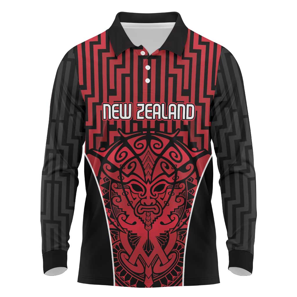 Custom Basketball New Zealand Long Sleeve Polo Shirt Red Maori Ta Moko Indigenous - Polynesian Pride