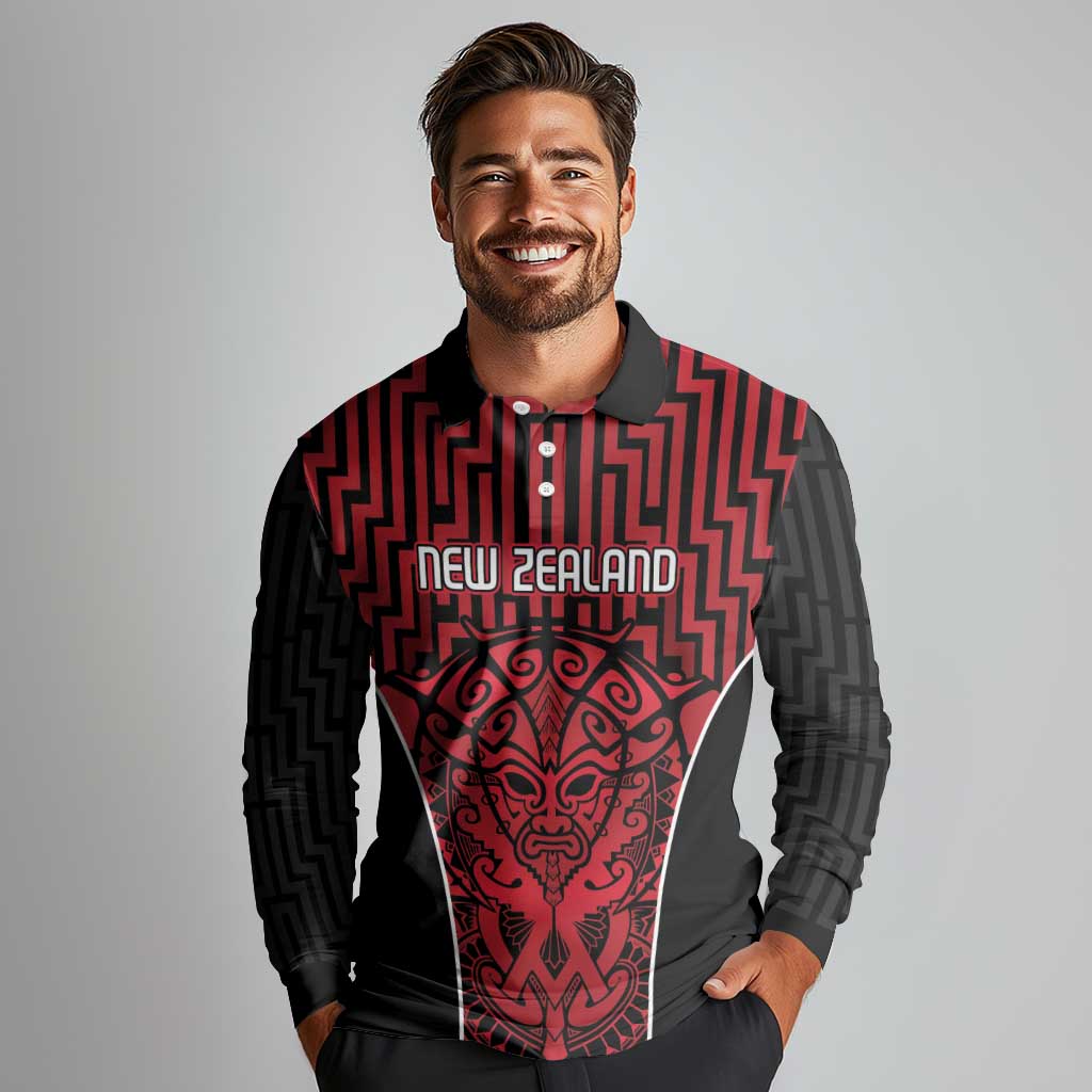 Custom Basketball New Zealand Long Sleeve Polo Shirt Red Maori Ta Moko Indigenous LT9 - Polynesian Pride