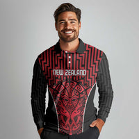 Custom Basketball New Zealand Long Sleeve Polo Shirt Red Maori Ta Moko Indigenous LT9 - Polynesian Pride