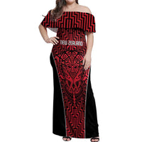 Custom Basketball New Zealand Off Shoulder Maxi Dress Red Maori Ta Moko Indigenous LT9 Women Red - Polynesian Pride