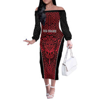 Custom Basketball New Zealand Off The Shoulder Long Sleeve Dress Red Maori Ta Moko Indigenous LT9 Women Red - Polynesian Pride