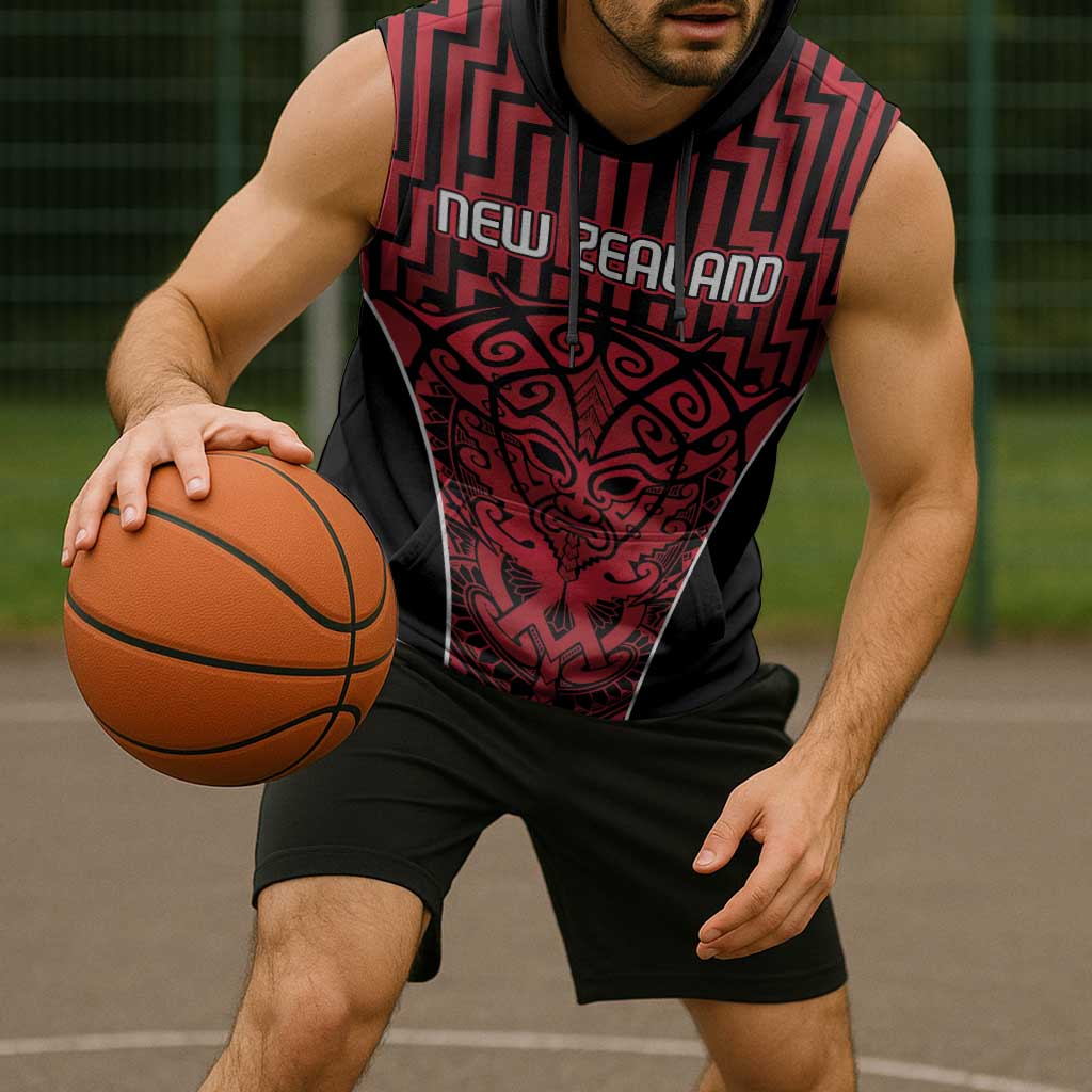 Custom Basketball New Zealand Sleeveless Hoodie Red Maori Ta Moko Indigenous LT9 - Polynesian Pride
