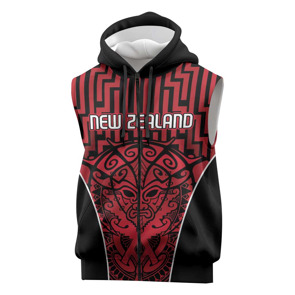 Custom Basketball New Zealand Sleeveless Zip Hoodie Red Maori Ta Moko Indigenous LT9 Red - Polynesian Pride