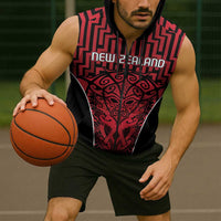 Custom Basketball New Zealand Sleeveless Zip Hoodie Red Maori Ta Moko Indigenous LT9 - Polynesian Pride