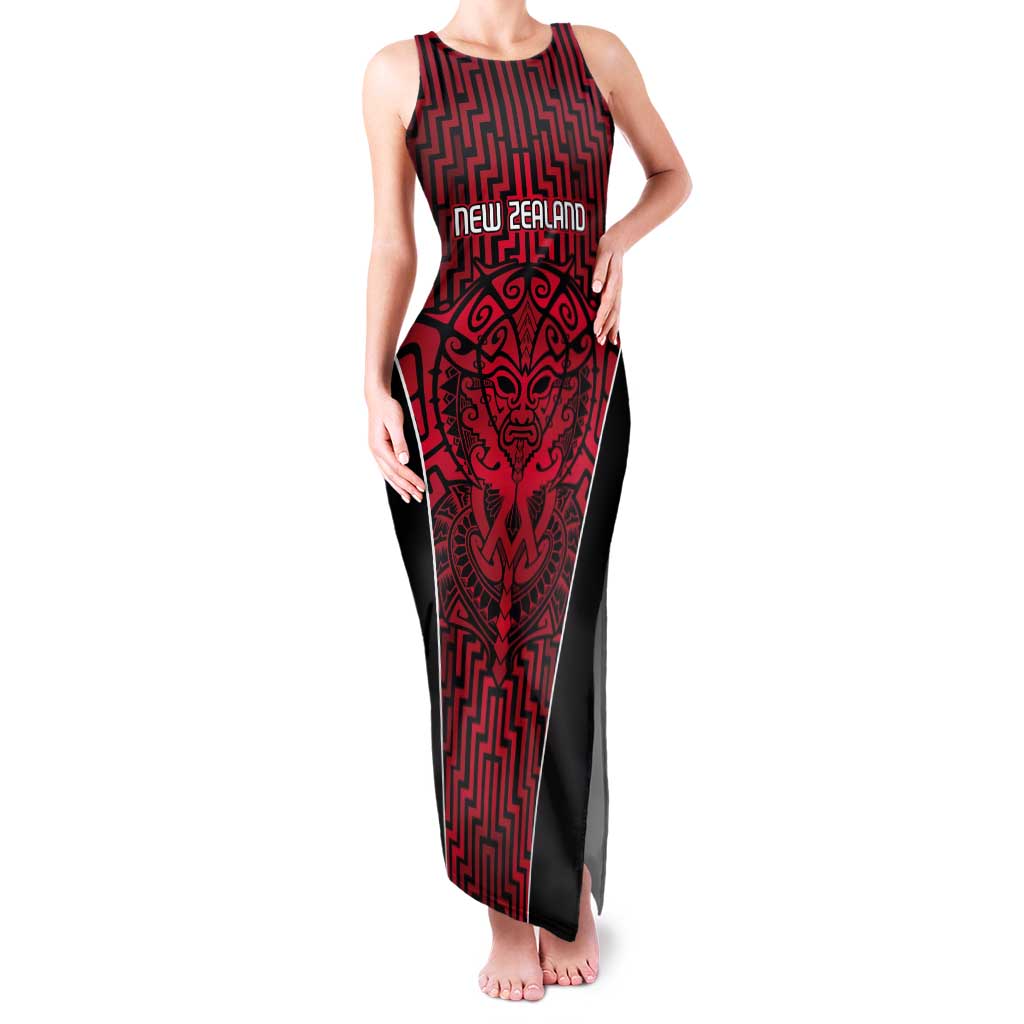 Custom Basketball New Zealand Tank Maxi Dress Red Maori Ta Moko Indigenous - Polynesian Pride
