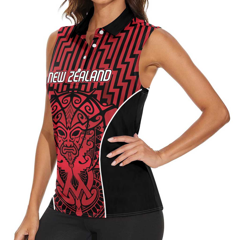 Custom Basketball New Zealand Women Sleeveless Polo Shirt Red Maori Ta Moko Indigenous LT9 - Polynesian Pride