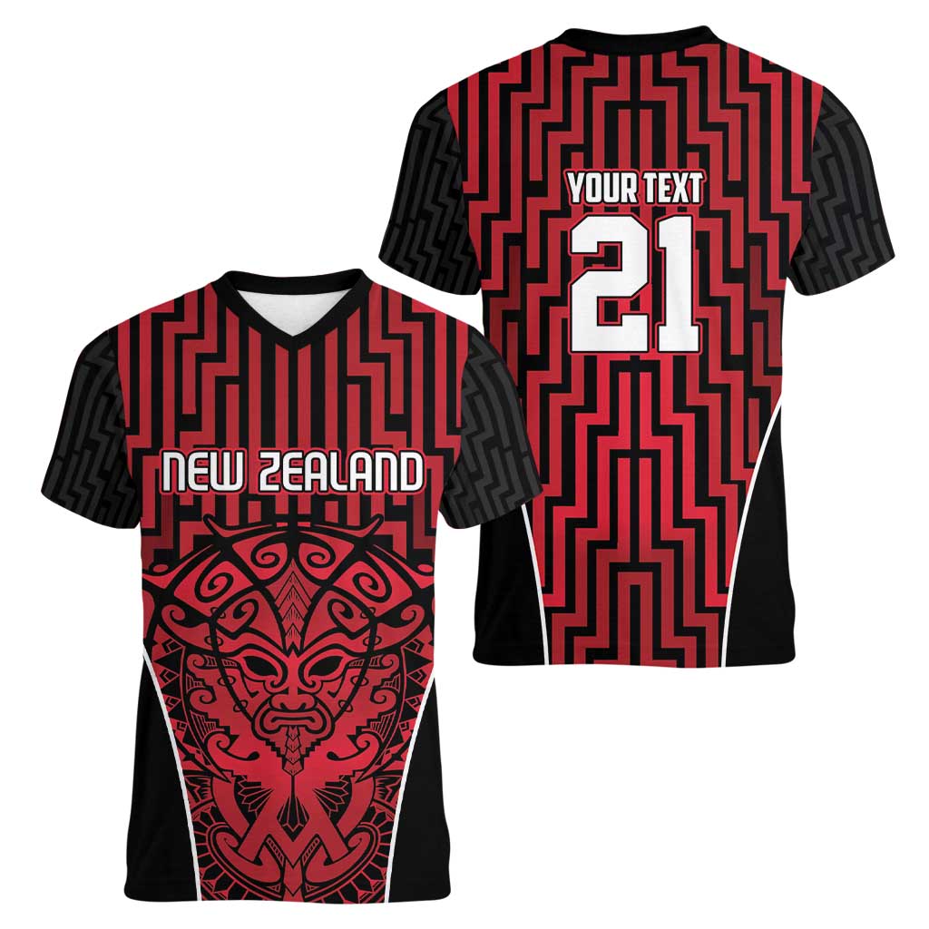 Custom Basketball New Zealand Women V-Neck T-Shirt Red Maori Ta Moko Indigenous LT9 - Polynesian Pride