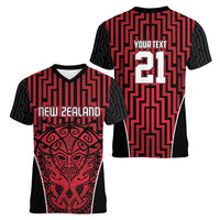 Custom Basketball New Zealand Women V-Neck T-Shirt Red Maori Ta Moko Indigenous LT9 - Polynesian Pride