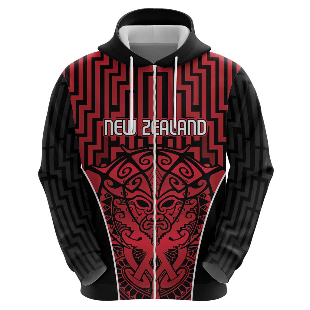 Custom Basketball New Zealand Zip Hoodie Red Maori Ta Moko Indigenous LT9 - Polynesian Pride