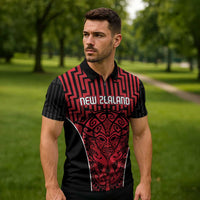 Custom Basketball New Zealand Zipper Polo Shirt Red Maori Ta Moko Indigenous LT9 - Polynesian Pride