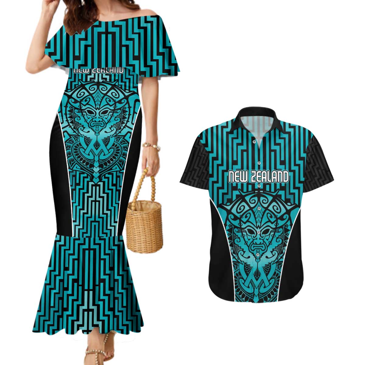 Custom Basketball New Zealand Couples Matching Mermaid Dress and Hawaiian Shirt Teal Maori Ta Moko Indigenous - Polynesian Pride
