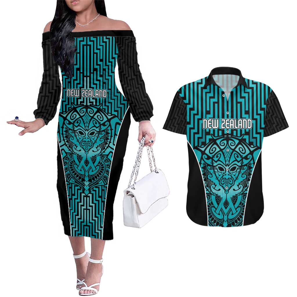 Custom Basketball New Zealand Couples Matching Off The Shoulder Long Sleeve Dress and Hawaiian Shirt Teal Maori Ta Moko Indigenous LT9 Teal - Polynesian Pride