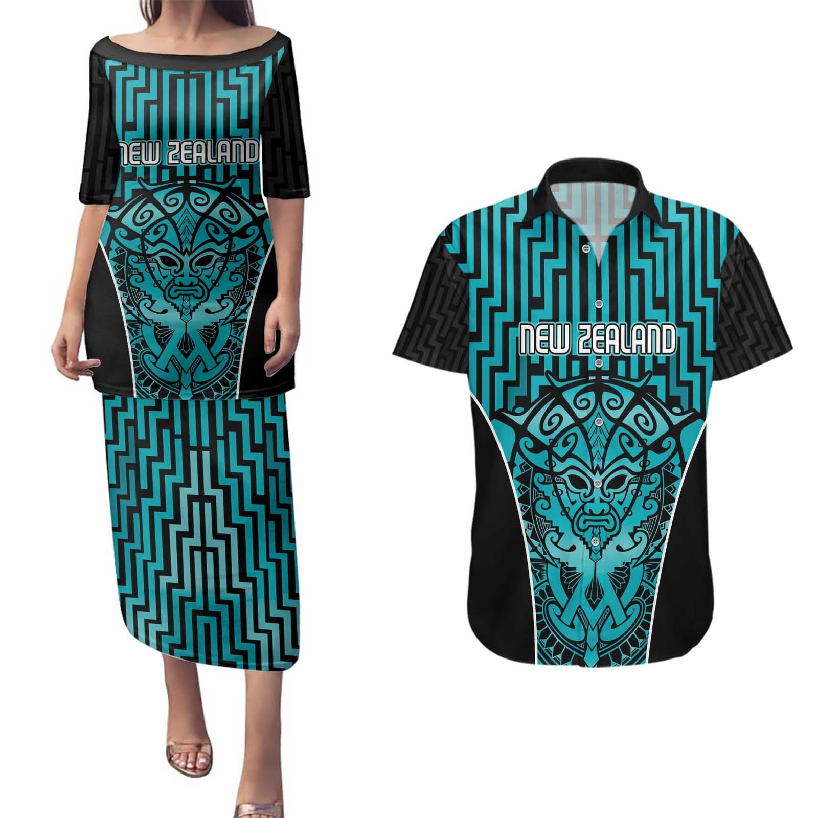 Custom Basketball New Zealand Couples Matching Puletasi and Hawaiian Shirt Teal Maori Ta Moko Indigenous - Polynesian Pride