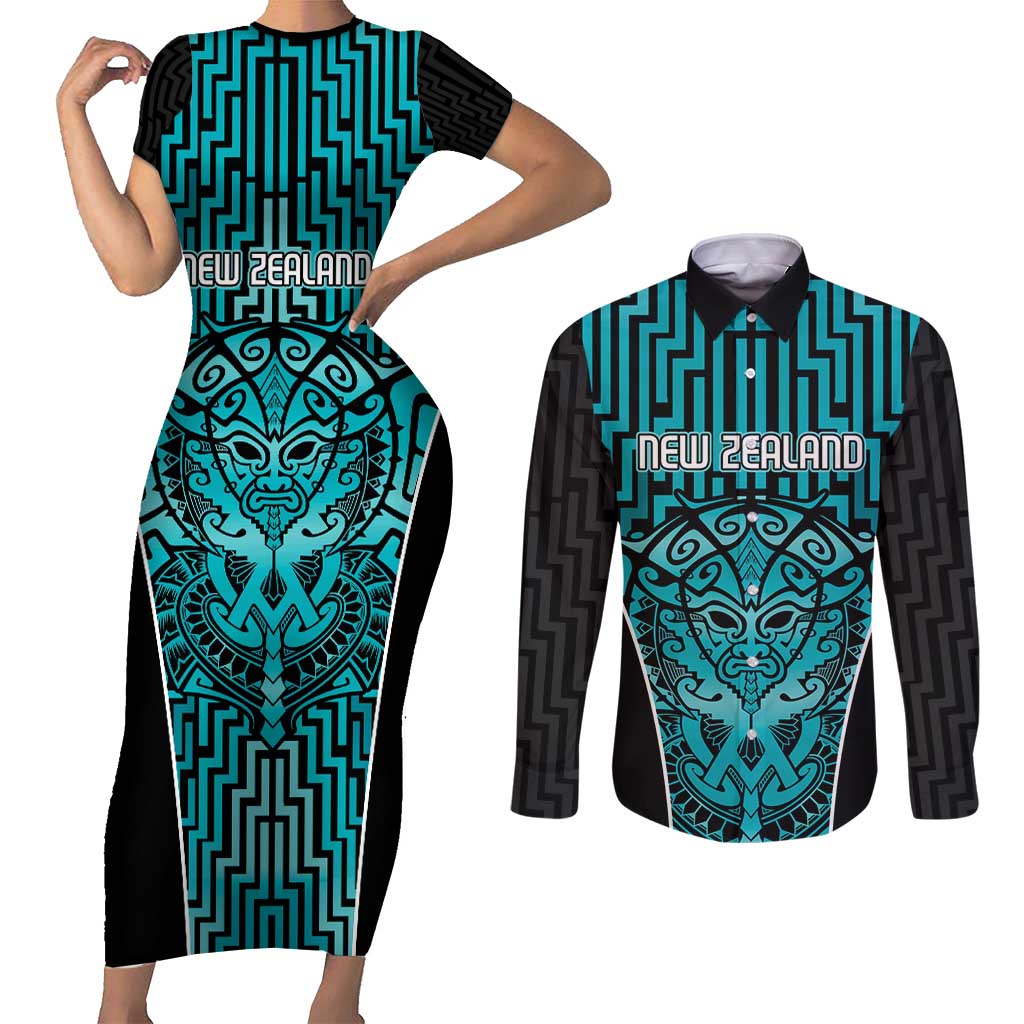 Custom Basketball New Zealand Couples Matching Short Sleeve Bodycon Dress and Long Sleeve Button Shirt Teal Maori Ta Moko Indigenous - Polynesian Pride
