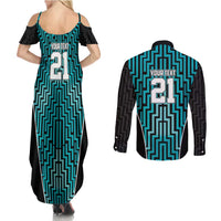 Custom Basketball New Zealand Couples Matching Summer Maxi Dress and Long Sleeve Button Shirt Teal Maori Ta Moko Indigenous - Polynesian Pride