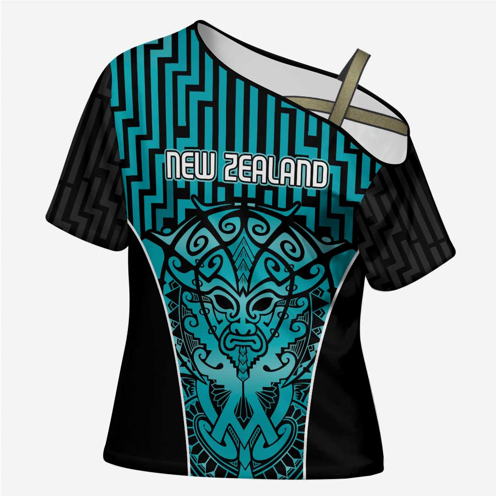 Custom Basketball New Zealand Cross Shoulder Shirt Teal Maori Ta Moko Indigenous - Polynesian Pride
