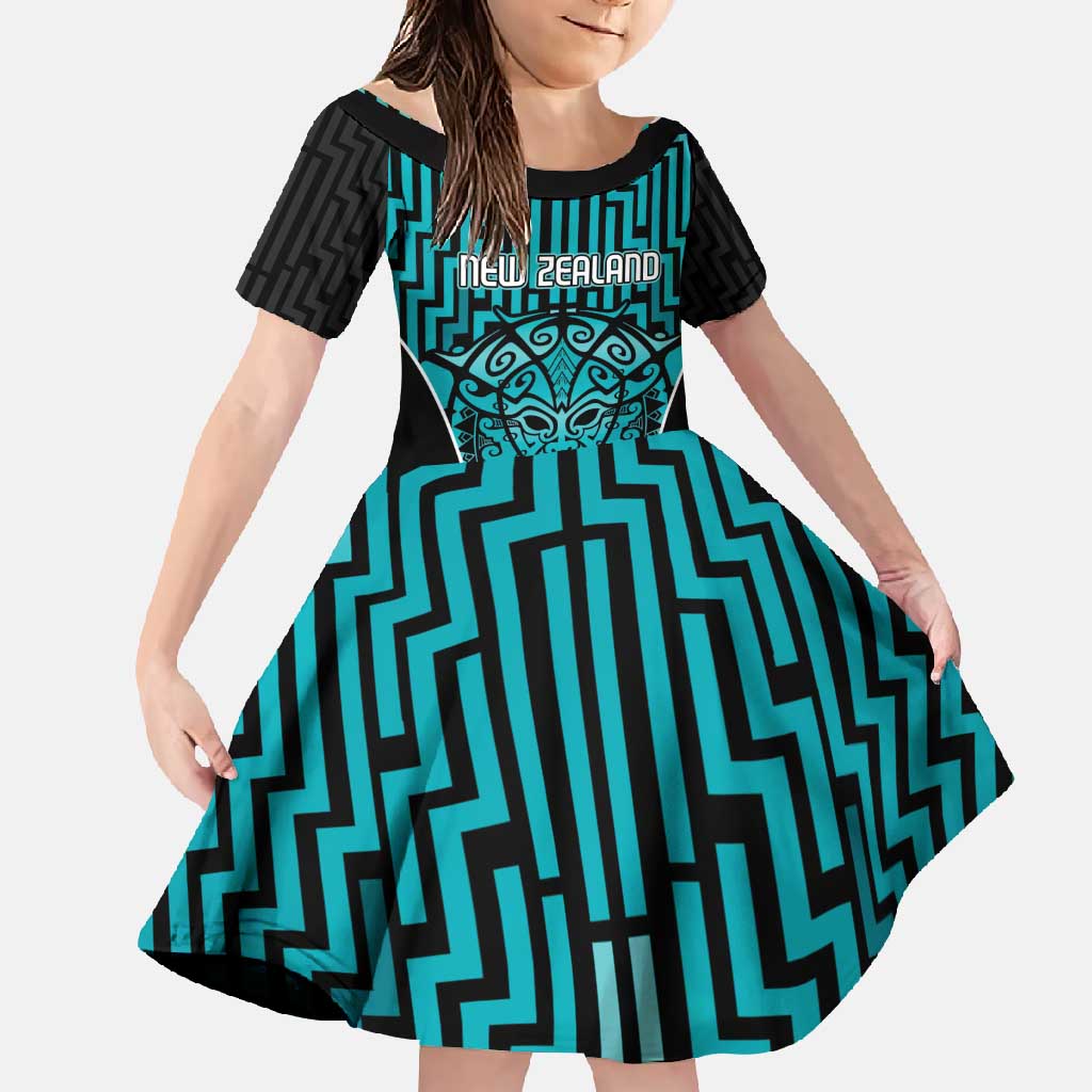 Custom Basketball New Zealand Family Matching Long Sleeve Bodycon Dress and Hawaiian Shirt Teal Maori Ta Moko Indigenous LT9 Daughter's Dress Teal - Polynesian Pride