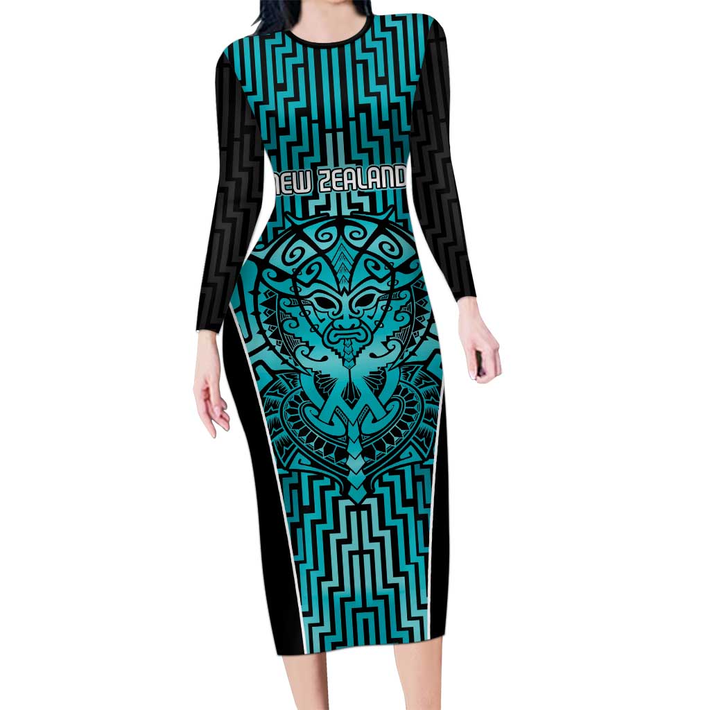 Custom Basketball New Zealand Family Matching Long Sleeve Bodycon Dress and Hawaiian Shirt Teal Maori Ta Moko Indigenous LT9 Mom's Dress Teal - Polynesian Pride