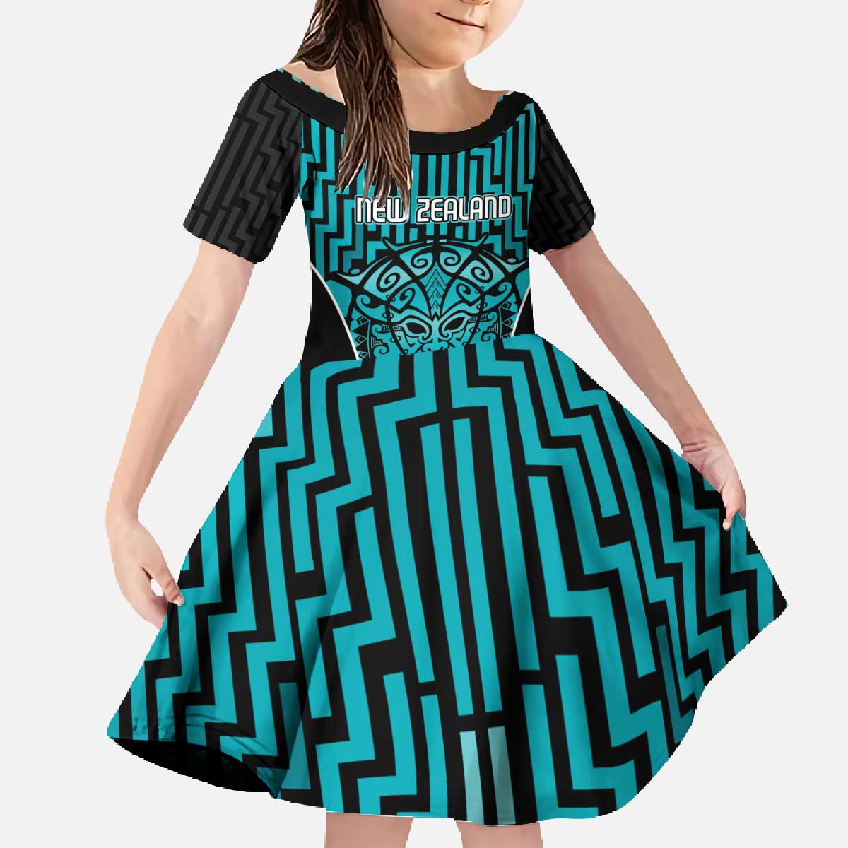 Custom Basketball New Zealand Family Matching Off The Shoulder Long Sleeve Dress and Hawaiian Shirt Teal Maori Ta Moko Indigenous LT9 Daughter's Dress Teal - Polynesian Pride