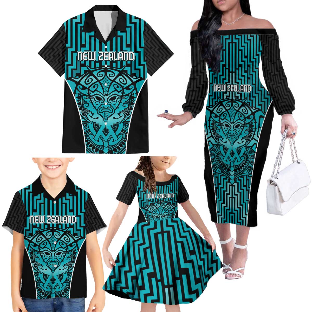 Custom Basketball New Zealand Family Matching Off The Shoulder Long Sleeve Dress and Hawaiian Shirt Teal Maori Ta Moko Indigenous LT9 - Polynesian Pride