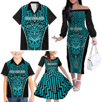 Custom Basketball New Zealand Family Matching Off The Shoulder Long Sleeve Dress and Hawaiian Shirt Teal Maori Ta Moko Indigenous LT9 - Polynesian Pride