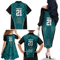 Custom Basketball New Zealand Family Matching Off The Shoulder Long Sleeve Dress and Hawaiian Shirt Teal Maori Ta Moko Indigenous LT9 - Polynesian Pride