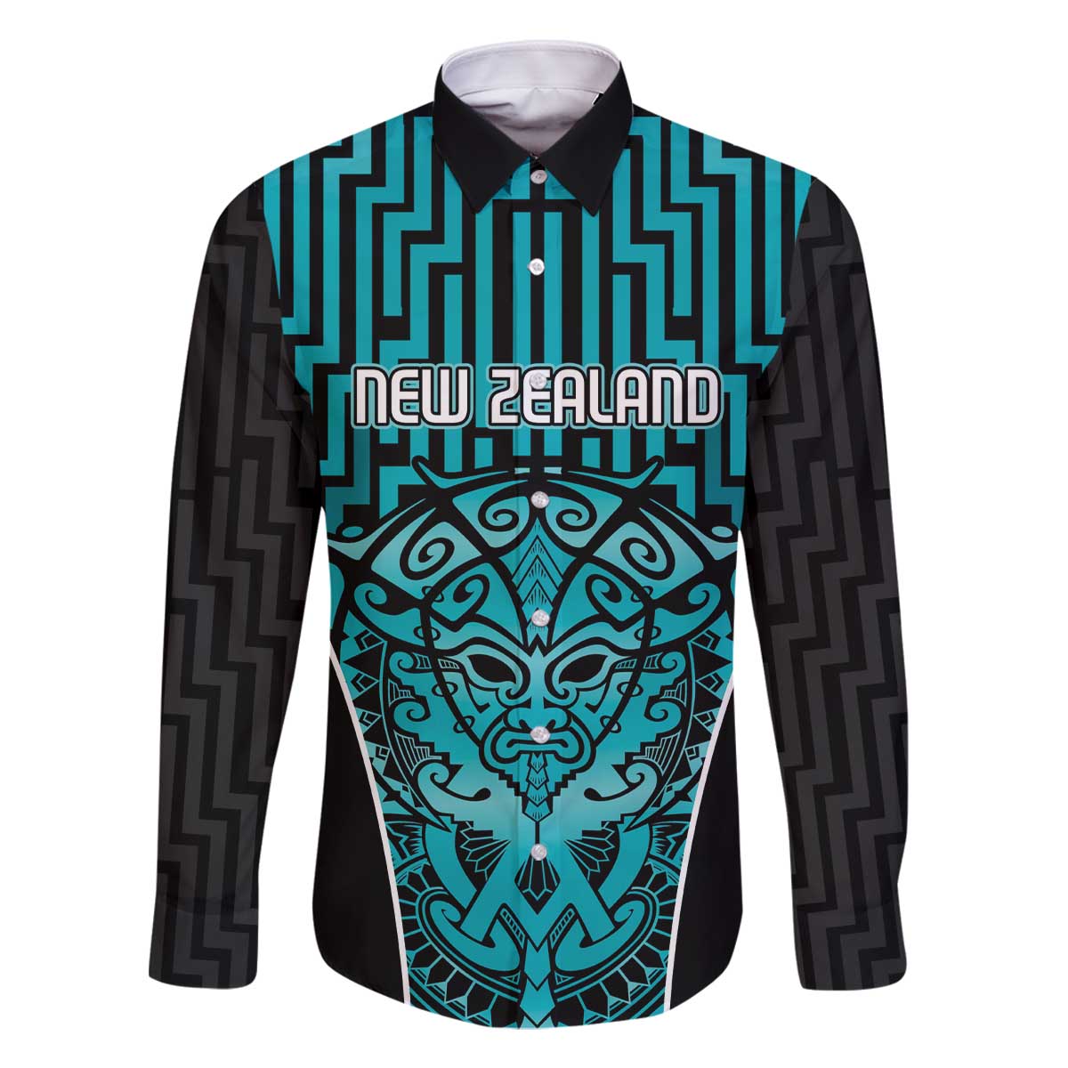 Custom Basketball New Zealand Family Matching Off The Shoulder Long Sleeve Dress and Hawaiian Shirt Teal Maori Ta Moko Indigenous LT9 Dad's Shirt - Long Sleeve Teal - Polynesian Pride