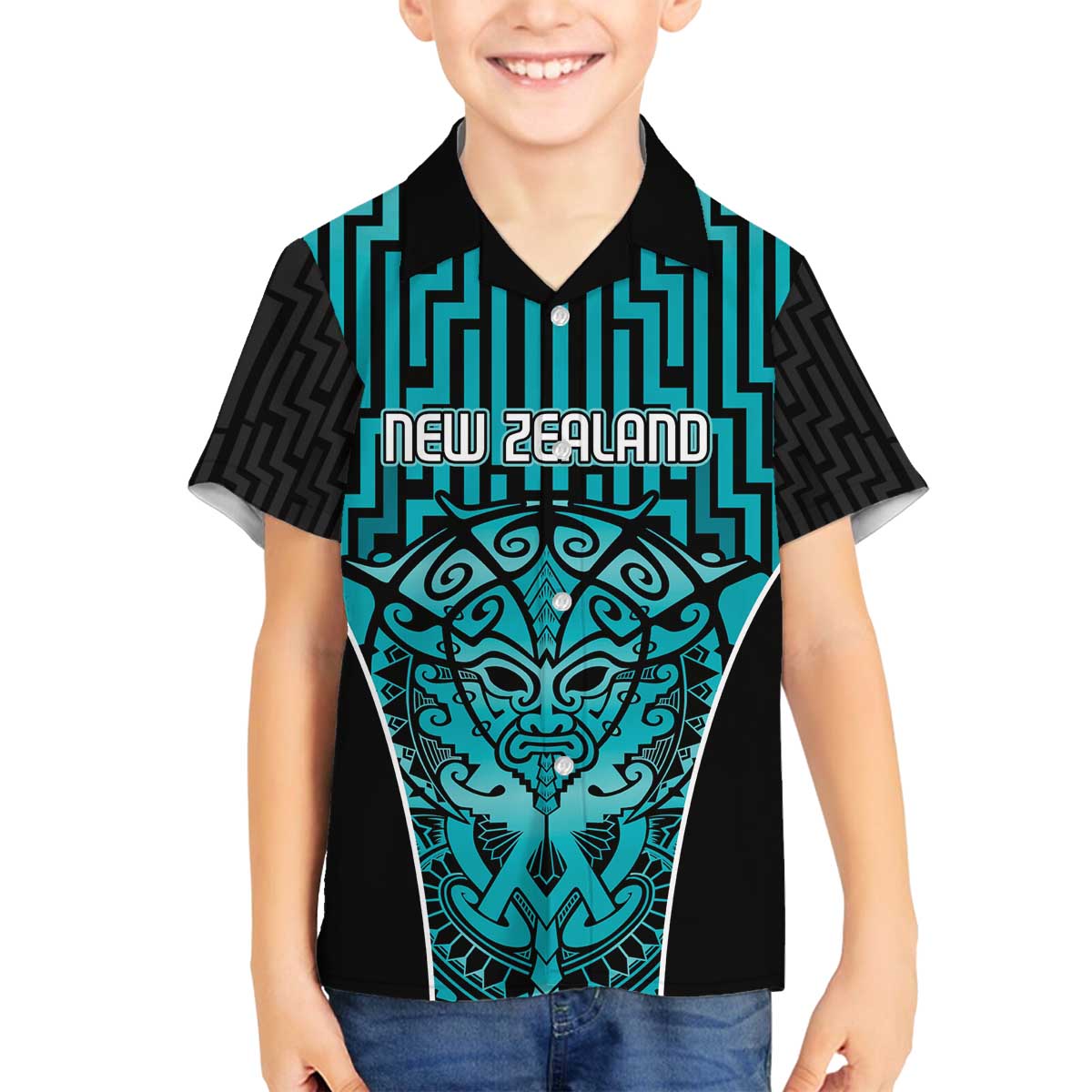 Custom Basketball New Zealand Family Matching Off The Shoulder Long Sleeve Dress and Hawaiian Shirt Teal Maori Ta Moko Indigenous LT9 Son's Shirt Teal - Polynesian Pride