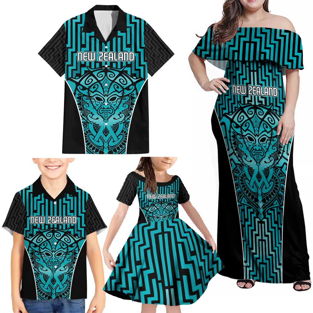 Custom Basketball New Zealand Family Matching Off Shoulder Maxi Dress and Hawaiian Shirt Teal Maori Ta Moko Indigenous LT9 - Polynesian Pride
