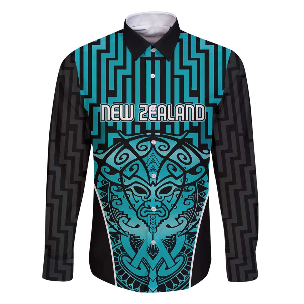 Custom Basketball New Zealand Family Matching Off Shoulder Maxi Dress and Hawaiian Shirt Teal Maori Ta Moko Indigenous LT9 Dad's Shirt - Long Sleeve Teal - Polynesian Pride
