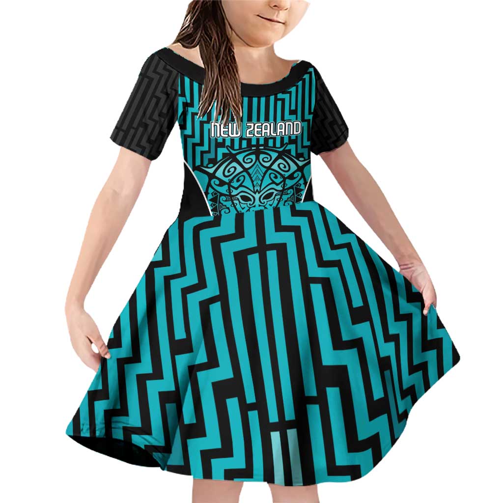 Custom Basketball New Zealand Family Matching Off Shoulder Short Dress and Hawaiian Shirt Teal Maori Ta Moko Indigenous LT9 Daughter's Dress Teal - Polynesian Pride