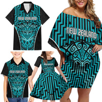 Custom Basketball New Zealand Family Matching Off Shoulder Short Dress and Hawaiian Shirt Teal Maori Ta Moko Indigenous LT9 - Polynesian Pride