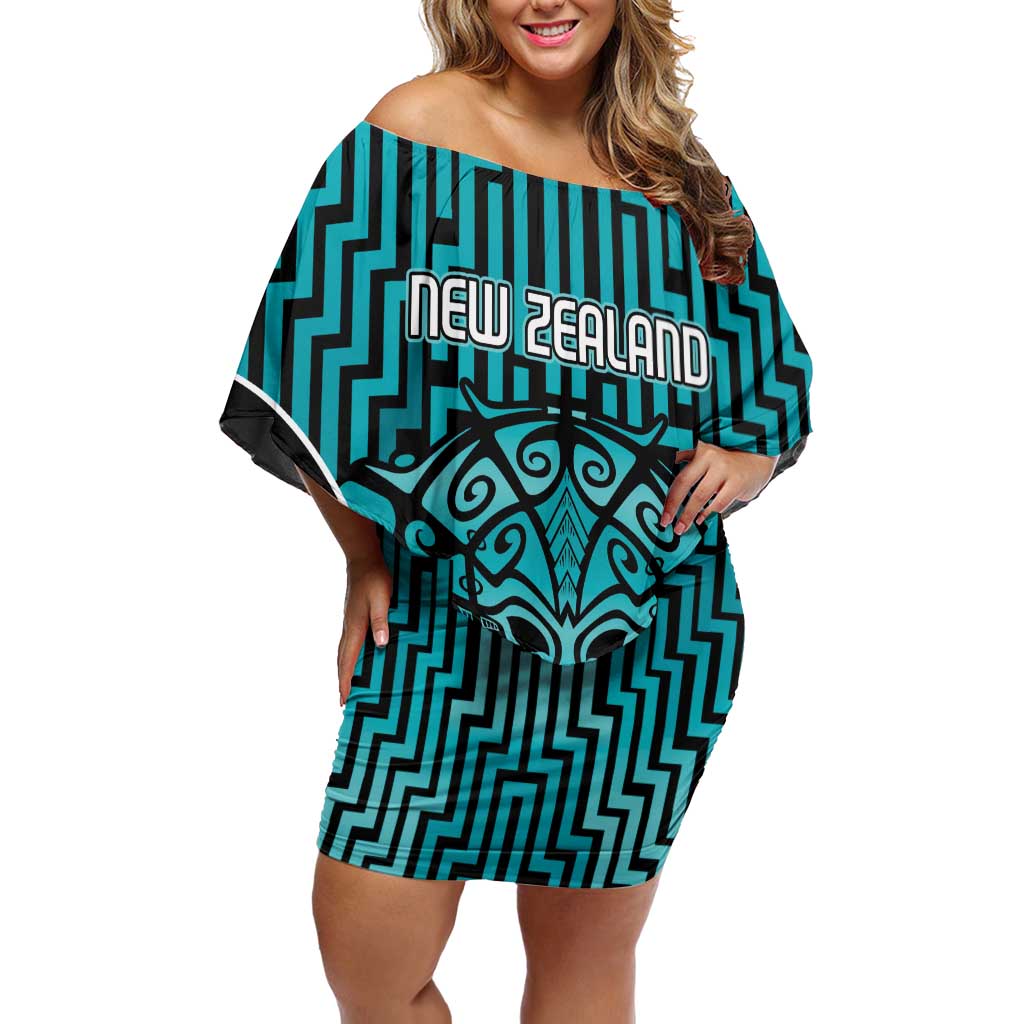 Custom Basketball New Zealand Family Matching Off Shoulder Short Dress and Hawaiian Shirt Teal Maori Ta Moko Indigenous LT9 Mom's Dress Teal - Polynesian Pride