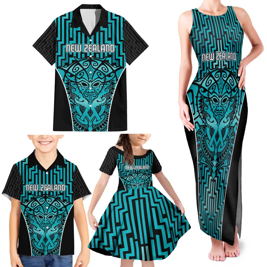 Custom Basketball New Zealand Family Matching Tank Maxi Dress and Hawaiian Shirt Teal Maori Ta Moko Indigenous - Polynesian Pride