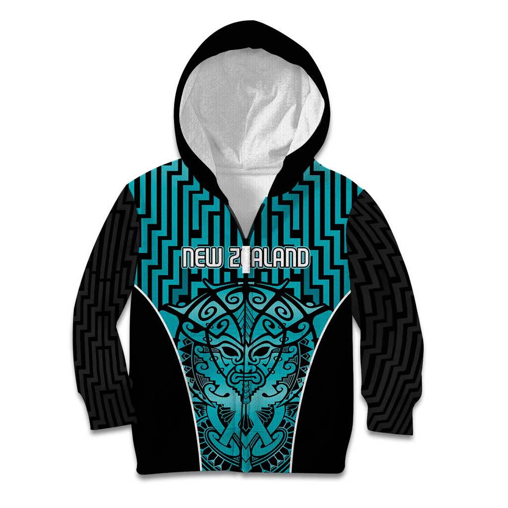 Custom Basketball New Zealand Kid Hoodie Teal Maori Ta Moko Indigenous LT9 Zip Hoodie Teal - Polynesian Pride