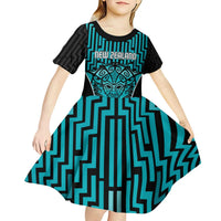 Custom Basketball New Zealand Kid Short Sleeve Dress Teal Maori Ta Moko Indigenous LT9 - Polynesian Pride