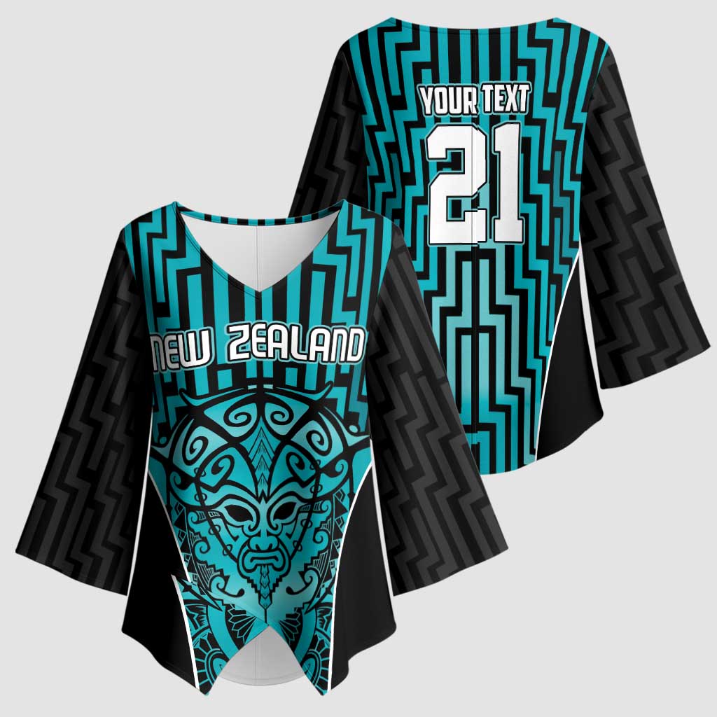 Custom Basketball New Zealand Kimono Sleeve Blouse Teal Maori Ta Moko Indigenous LT9 - Polynesian Pride