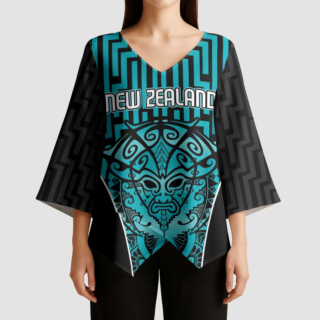 Custom Basketball New Zealand Kimono Sleeve Blouse Teal Maori Ta Moko Indigenous LT9 - Polynesian Pride
