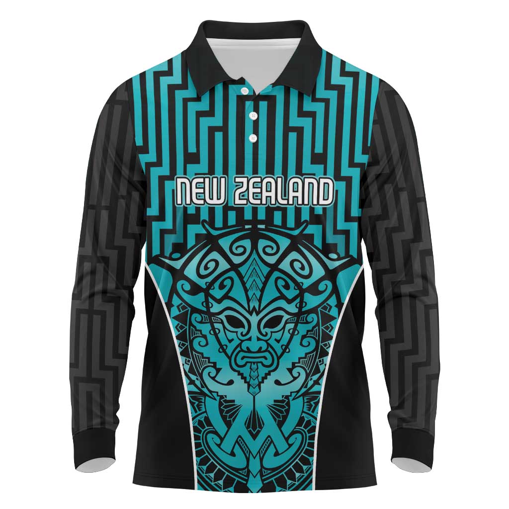 Custom Basketball New Zealand Long Sleeve Polo Shirt Teal Maori Ta Moko Indigenous - Polynesian Pride