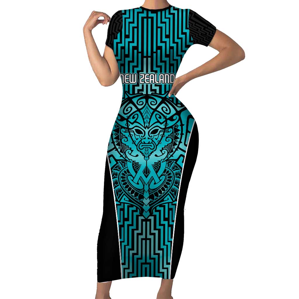 Custom Basketball New Zealand Short Sleeve Bodycon Dress Teal Maori Ta Moko Indigenous LT9 Long Dress Teal - Polynesian Pride