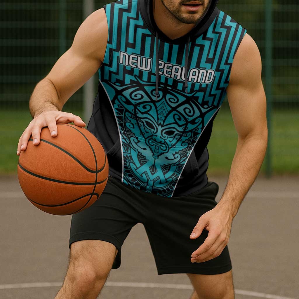 Custom Basketball New Zealand Sleeveless Hoodie Teal Maori Ta Moko Indigenous LT9 - Polynesian Pride